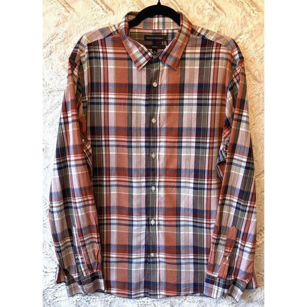 Banana Republic Shirt XL Button-Down 100% Cotton Slim Fit Plaid Red Blue